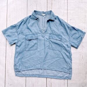 Ardene Blue Chambray Tencel V Neck Collar Cuff Sleeve High Low Blouse Size L